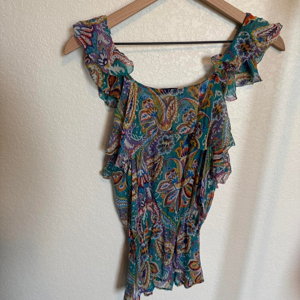 100% Silk Paisley Floral Ruffle Tank, Small - Picture 4 of 4